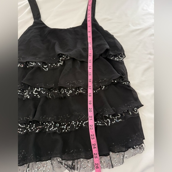 Y2K Vintage Black Ruffle Tank Top Silver Sequin Satin Strap Layered Glam Shirt - Picture 5 of 6